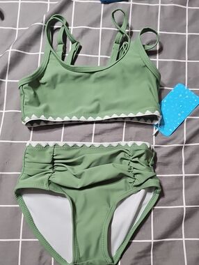 Girls Sage Green Two-Piece Swim Bikini with Scallop Trim